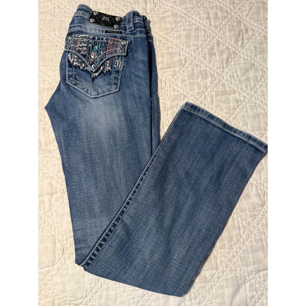 Miss Me Signature Bootcut Jeans Womens 28 Blue Embroidered Flap Pocket Denim